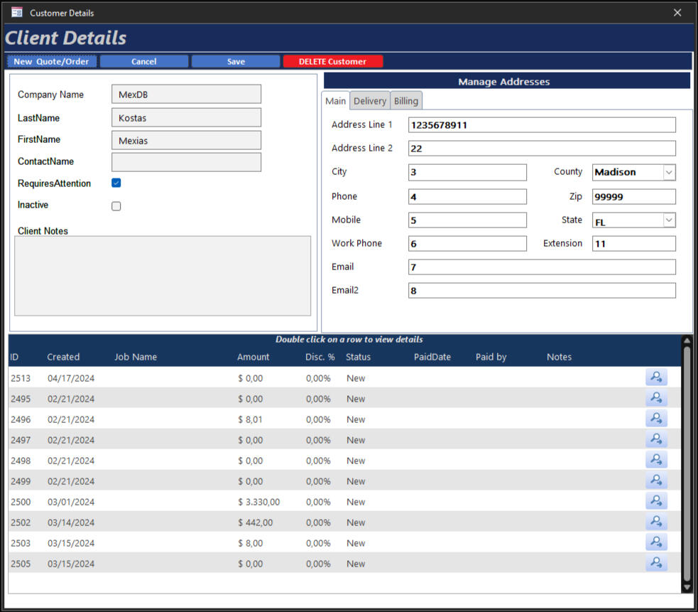Client Details and orders
